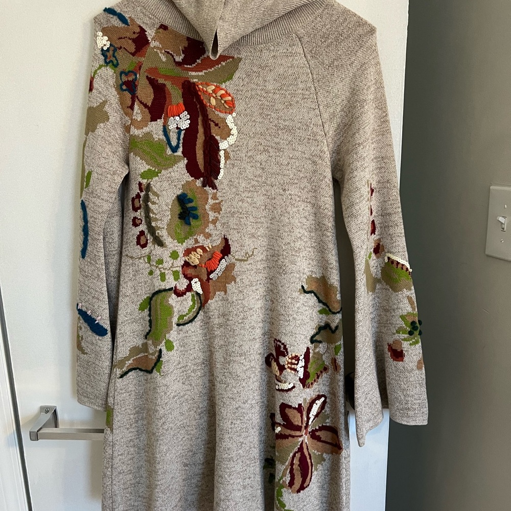 Anthropologie Beige Floral Mini sweater Dress